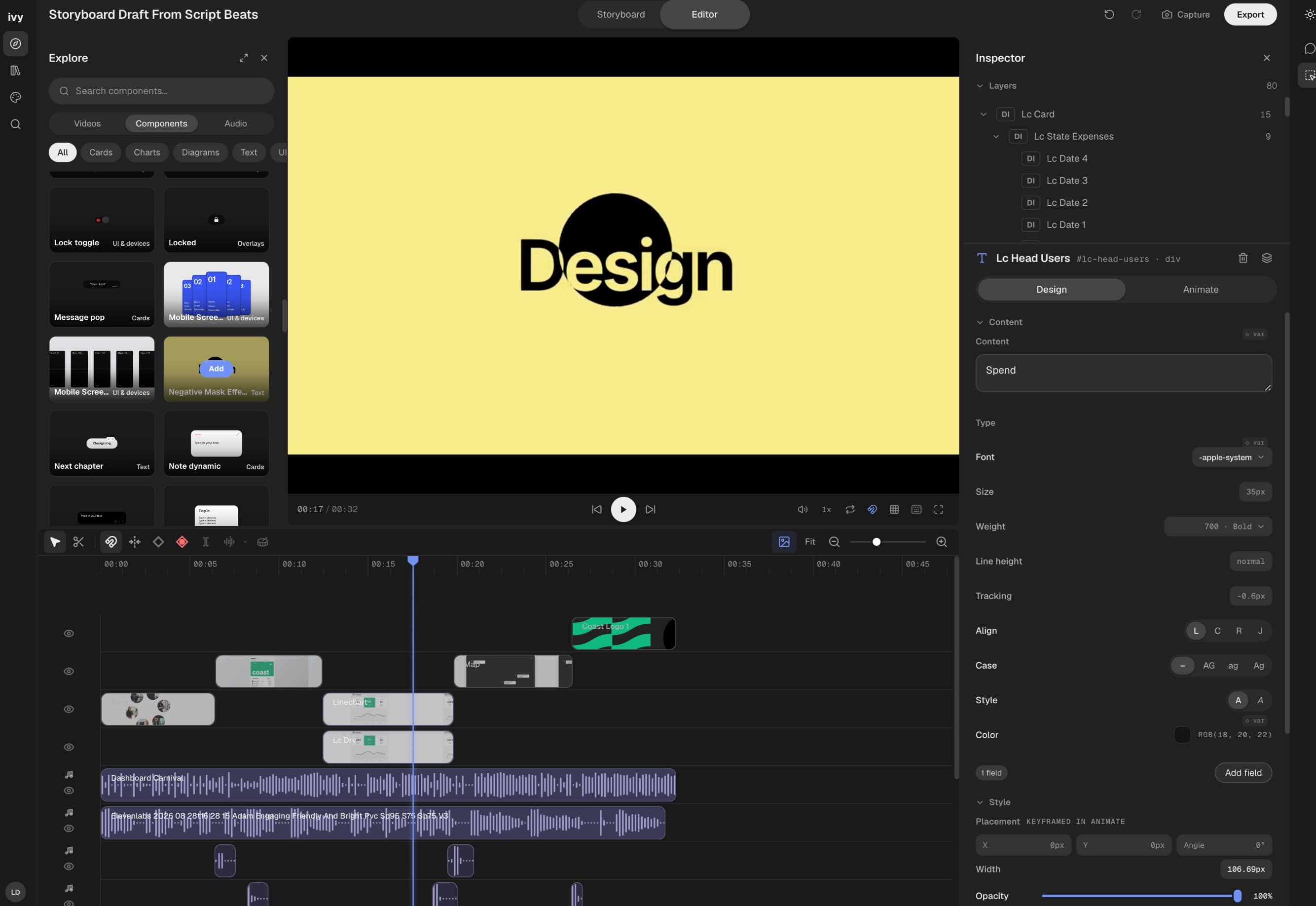 Ivy Studio with a yellow Design animation, component library, multitrack timeline, and design inspector.
