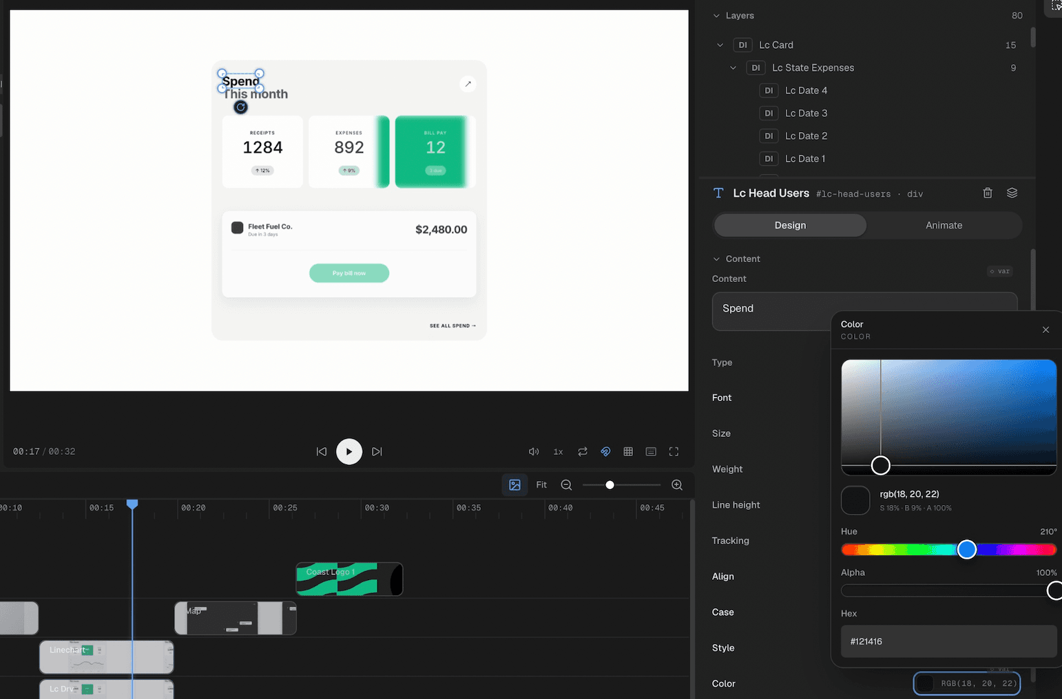 Ivy Studio editing a financial dashboard video with the color picker and design controls open.
